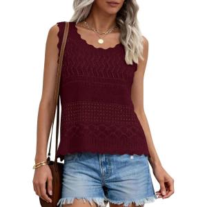 imagePRETTYGARDEN Womens Crochet Tank Tops 2026 Summer Spring Boho Sleeveless Cute Knit Sweater Vest Trendy Beach Vacation ClothesWine Red