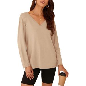 imagePRETTYGARDEN Womens Fall Fashion 2024 T Shirts Casual Long Sleeve V Neck Tunic Tops Loose Basic Tees ApricotMedium