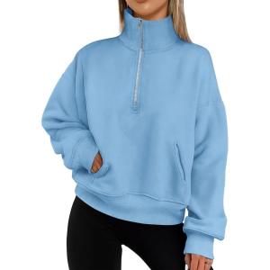 imagePRETTYGARDEN Womens Fall Fashion Half Zip Sweatshirts Long Sleeve Collared Cropped Pullover Tops Trendy Y2K Clothes BlueMedium
