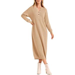 imagePRETTYGARDEN Womens Fall Knit Sweater Dress Long Sleeve Button V Neck Loose Casual Maxi Dresses