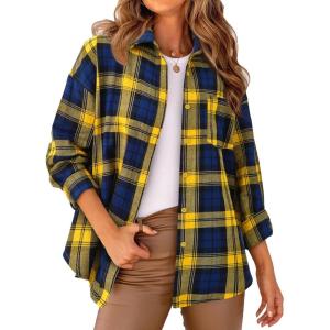 imagePRETTYGARDEN Womens Fall Long Sleeve Button Down Plaid Shirts Collared Loose Fit Cotton Casual Lightweight Shackets Blouses