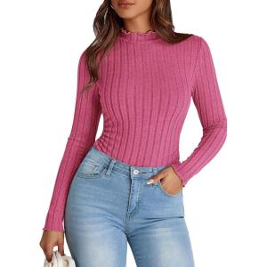 imagePRETTYGARDEN Womens Fall Long Sleeve T Shirts Casual Crew Neck Ribbed Knit Fitted Basic Plain Tee Tops Blouse Hot PinkMedium