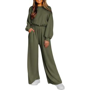 imagePRETTYGARDEN Womens Fall One Piece Jumpsuits Dressy Casual Long Sleeve Elastic Waist Pockets Wide Leg Long Pants Rompers Army GreenMedium