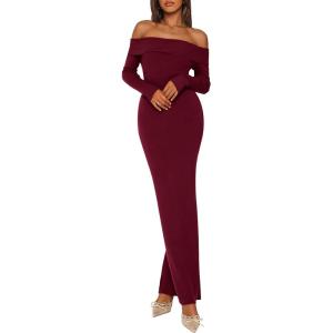 imagePRETTYGARDEN Womens Fall Sweater Dress 2026 Long Sleeve Off Shoulder Slit Maxi Bodycon Cocktail Party Dresses Spring FashionWine Red