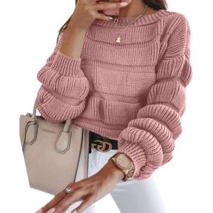 imagePRETTYGARDEN Womens Fall Sweaters Casual Crew Neck Pullover Long Puff Sleeve Loose Plain Chunky Knit Cute Blouse Tops