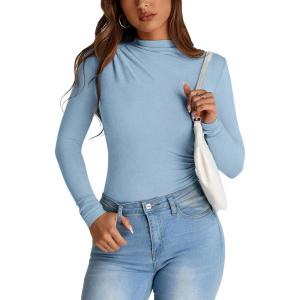 imagePRETTYGARDEN Womens Fall Y2K Going Out Crop Tops Long Sleeve Mock Neck Ruched Slim Fitted Basic Trendy Casual T Shirts Blouse BlueMedium