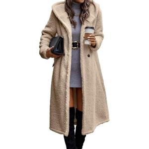 imagePRETTYGARDEN Womens Fashion Winter Coats Fuzzy Fleece Long Hooded Jackets Button Down Faux Fur Warm Outerwear Dark Beige YellowLarge
