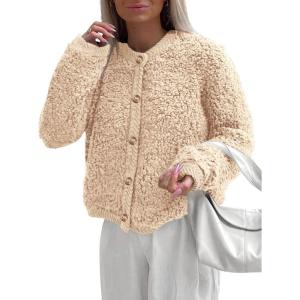 imagePRETTYGARDEN Womens Faux Fur Coat 2026 Fall Fuzzy Fleece Button up Shearling Cropped Jackets Winter Trendy OuterwearBeige