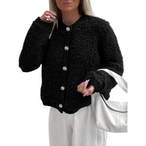 imagePRETTYGARDEN Womens Faux Fur Coat 2026 Fall Fuzzy Fleece Button up Shearling Cropped Jackets Winter Trendy OuterwearBlack