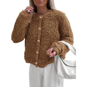 imagePRETTYGARDEN Womens Faux Fur Coat 2026 Fall Fuzzy Fleece Button up Shearling Cropped Jackets Winter Trendy OuterwearBrown