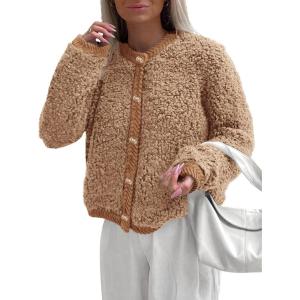 imagePRETTYGARDEN Womens Faux Fur Coat 2026 Fall Fuzzy Fleece Button up Shearling Cropped Jackets Winter Trendy OuterwearCamel