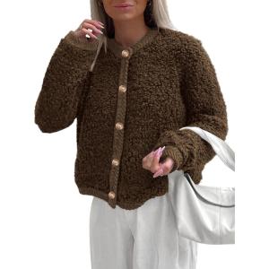 imagePRETTYGARDEN Womens Faux Fur Coat 2026 Fall Fuzzy Fleece Button up Shearling Cropped Jackets Winter Trendy OuterwearCoffee