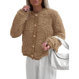 imagePRETTYGARDEN Womens Faux Fur Coat 2026 Fall Fuzzy Fleece Button up Shearling Cropped Jackets Winter Trendy OuterwearKhaki