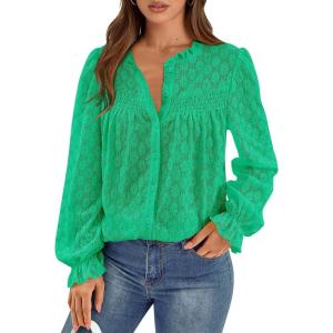 imagePRETTYGARDEN Womens Lace Long Sleeve Button Down BlouseBright Green