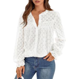 imagePRETTYGARDEN Womens Lace Long Sleeve Button Down BlouseCream White