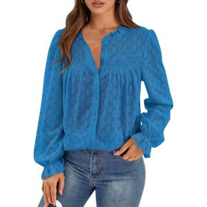 imagePRETTYGARDEN Womens Lace Long Sleeve Button Down BlouseLake Blue