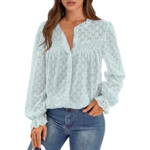 imagePRETTYGARDEN Womens Lace Long Sleeve Button Down BlouseLight Blue