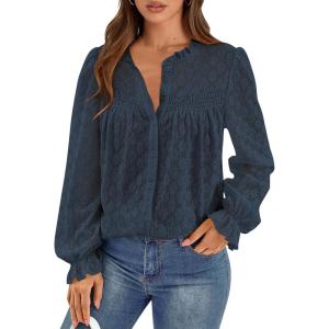 imagePRETTYGARDEN Womens Lace Long Sleeve Button Down BlouseNavy