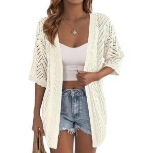 imagePRETTYGARDEN Womens Lightweight Summer Cardigans 2026 Short Sleeve Knit Crochet Coverups Spring Boho Beach Vacation ClothesOffwhite