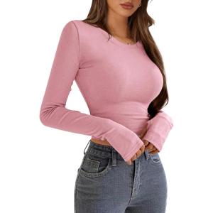 imagePRETTYGARDEN Womens Long Sleeve Crop Tops Y2K Spring Fall Fashion Clothes Basic Slim Fit Tee Shirts Blouse PinkMedium