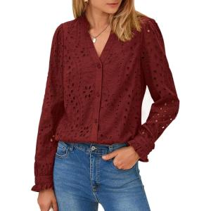 imagePRETTYGARDEN Womens Long Sleeve Tops 2025 Fall Eyelet V Neck Shirts Dressy Casual Lace Button Blouses