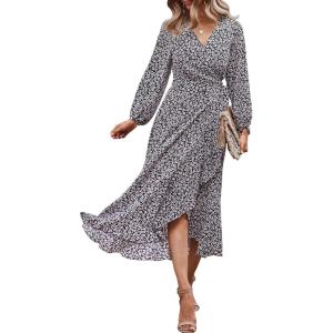 imagePRETTYGARDEN Womens Long Sleeve Vintage Wrap Dress Floral Print VNeck Maxi Dresses with BeltBlack