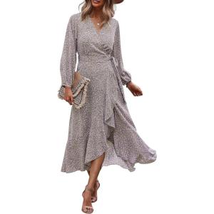 imagePRETTYGARDEN Womens Long Sleeve Vintage Wrap Dress Floral Print VNeck Maxi Dresses with BeltKhaki