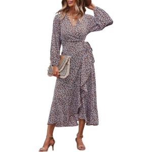 imagePRETTYGARDEN Womens Long Sleeve Vintage Wrap Dress Floral Print VNeck Maxi Dresses with BeltRed