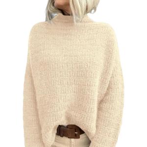 imagePRETTYGARDEN Womens Mock Neck Oversized Sweaters 2026 Long Sleeve Pullover Fall Sweater Knit Jumper Tops Winter ClothingBeige