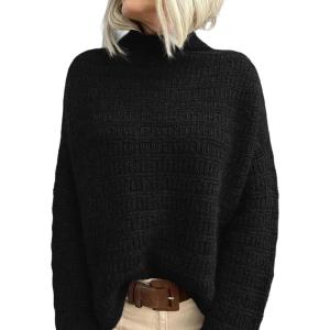 imagePRETTYGARDEN Womens Mock Neck Oversized Sweaters 2026 Long Sleeve Pullover Fall Sweater Knit Jumper Tops Winter ClothingBlack