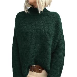 imagePRETTYGARDEN Womens Mock Neck Oversized Sweaters 2026 Long Sleeve Pullover Fall Sweater Knit Jumper Tops Winter ClothingDark Green