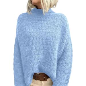 imagePRETTYGARDEN Womens Mock Neck Oversized Sweaters 2026 Long Sleeve Pullover Fall Sweater Knit Jumper Tops Winter ClothingLight Blue
