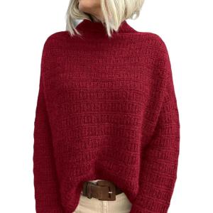 imagePRETTYGARDEN Womens Mock Neck Oversized Sweaters 2026 Long Sleeve Pullover Fall Sweater Knit Jumper Tops Winter ClothingRed