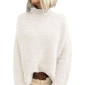 imagePRETTYGARDEN Womens Mock Neck Oversized Sweaters 2026 Long Sleeve Pullover Fall Sweater Knit Jumper Tops Winter ClothingWhite