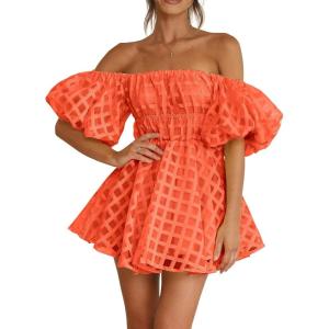 imagePRETTYGARDEN Womens Off The Shoulder Babydoll Dress Short Puff Sleeve Casual A Line Ruffle Summer Dresses