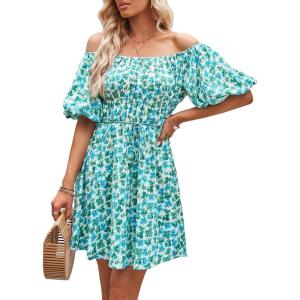 imagePRETTYGARDEN Womens Off The Shoulder Babydoll Dress Short Puff Sleeve Casual A Line Ruffle Summer Dresses Floral Dark GreenXLarge