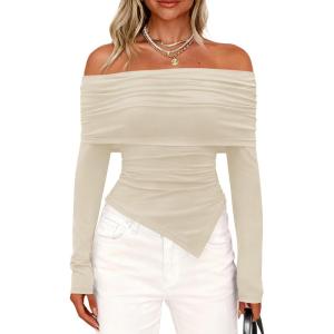 imagePRETTYGARDEN Womens Off The Shoulder Tops Spring Fashion 2026 Long Sleeve Shirts Going Out Slim Fitted Blouses Fall ClothesBeige