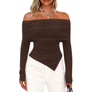 imagePRETTYGARDEN Womens Off The Shoulder Tops Spring Fashion 2026 Long Sleeve Shirts Going Out Slim Fitted Blouses Fall ClothesBrown