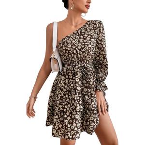 imagePRETTYGARDEN Womens One Shoulder Boho Floral Dress Elastic Waist Tiered Ruffle A Line Flowy Mini Belted Dresses