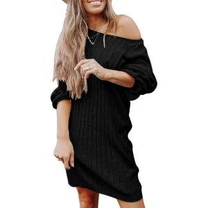 imagePRETTYGARDEN Womens Pullover Sweater Dresses Casual Long Sleeve Ribbed Knit Crewneck Loose Oversized Sweaters BlackLarge