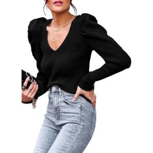 imagePRETTYGARDEN Womens Rib Knit Pullover Sweater Casual Long Puff Sleeve V Neck Solid Color Jumper Blouse Tops BlackSmall