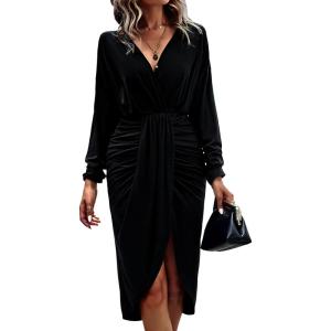 imagePRETTYGARDEN Womens Ruched Wrap Dress Long Sleeve V Neck Split Hem Draped Front Midi Bodycon Dresses BlackXLarge