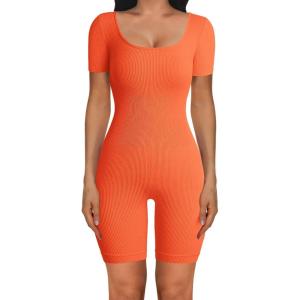 imagePRETTYGARDEN Womens Sexy Bodycon Jumpsuits Short Sleeve Square Neck Ribbed Knit One Piece Outfit Summer Rompers Shorts OrangeMedium
