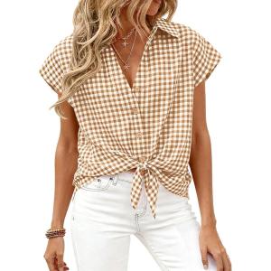 imagePRETTYGARDEN Womens Short Sleeve Shirts Plaid Button Down Blouse Dressy Casual 2026 Summer Spring Business Gingham Work TopsBrown