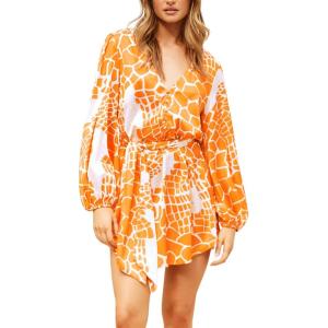 imagePRETTYGARDEN Womens Spring Long Puff Sleeve Boho Dress V Neck Cocktail Party Belted Short Formal Dresses Floral Orange YellowMedium