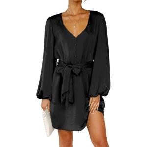 imagePRETTYGARDEN Womens Spring Long Puff Sleeve Satin Dress V Neck Cocktail Party Belted Short Formal Dresses BlackMedium