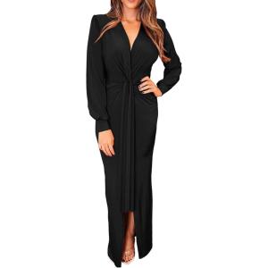 imagePRETTYGARDEN Womens Spring Long Sleeve Maxi Bodycon Dresses V Neck Twist Front Ruched Cocktail Evening Dress with Slit BlackXLarge