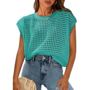 imagePRETTYGARDEN Womens Spring Tops 2026 Summer Shirts Crochet Cap Sleeve Sweater Pullover Cute Beach Vacation ClothesBlue Green