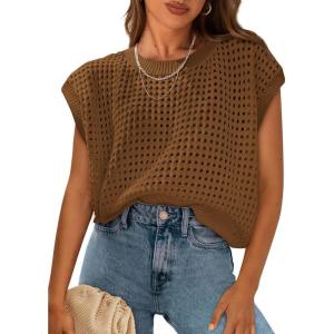 imagePRETTYGARDEN Womens Spring Tops 2026 Summer Shirts Crochet Cap Sleeve Sweater Pullover Cute Beach Vacation ClothesBrown