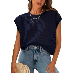 imagePRETTYGARDEN Womens Spring Tops 2026 Summer Shirts Crochet Cap Sleeve Sweater Pullover Cute Beach Vacation ClothesNavy